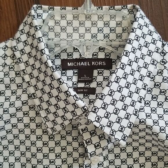 Michael Kors Slim Fit Monogram Allover MK Long Sleeve Shirt Sz Large - Picture 2 of 8